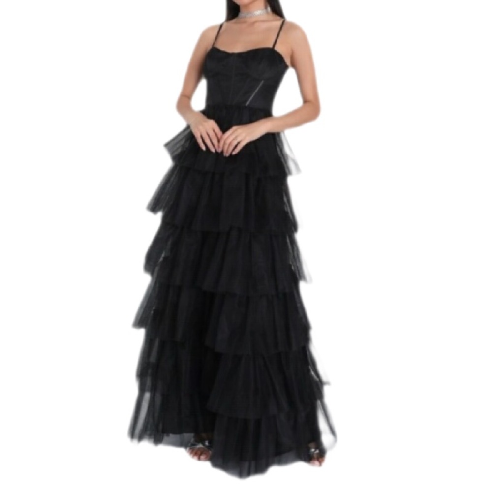 Brand New Lulus Rule The Runway Black Tulle Bustier Tiered Maxi Dress - Size XXL